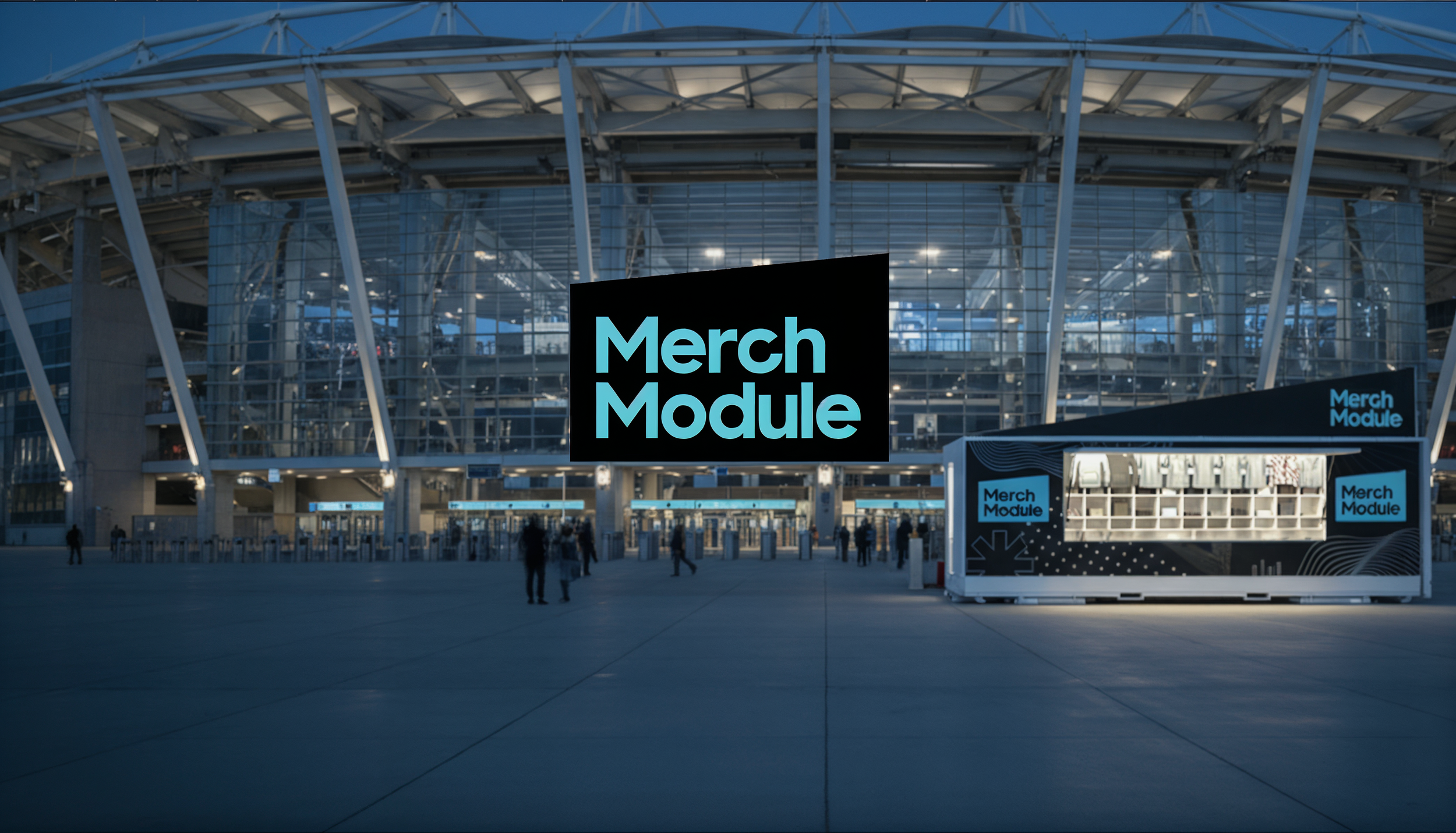 Exterior view of a stadium entrance with a large digital sign displaying 'Merch Module', and several smaller signs with the same text, with people walking in the foreground during dusk.