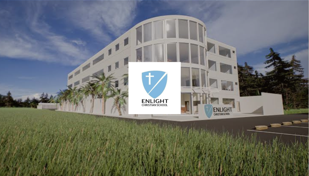 Rendering of a modern white Christian school building with a curved glass facade and palm trees in the foreground, displaying the ENLIGHT Christian School logo.