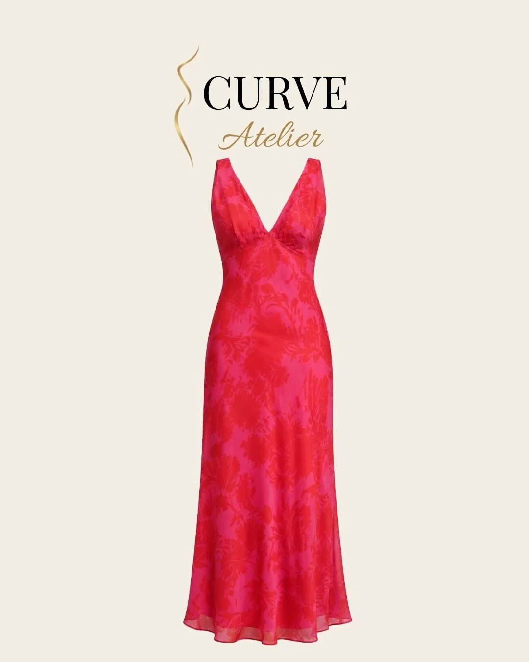 Red Floral V Neck Midi Dress