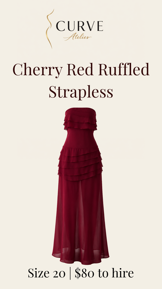 Advertisement for a Cherry Red Ruffled Strapless dress by Curve Atelier, size 20, available for $80 to hire.
