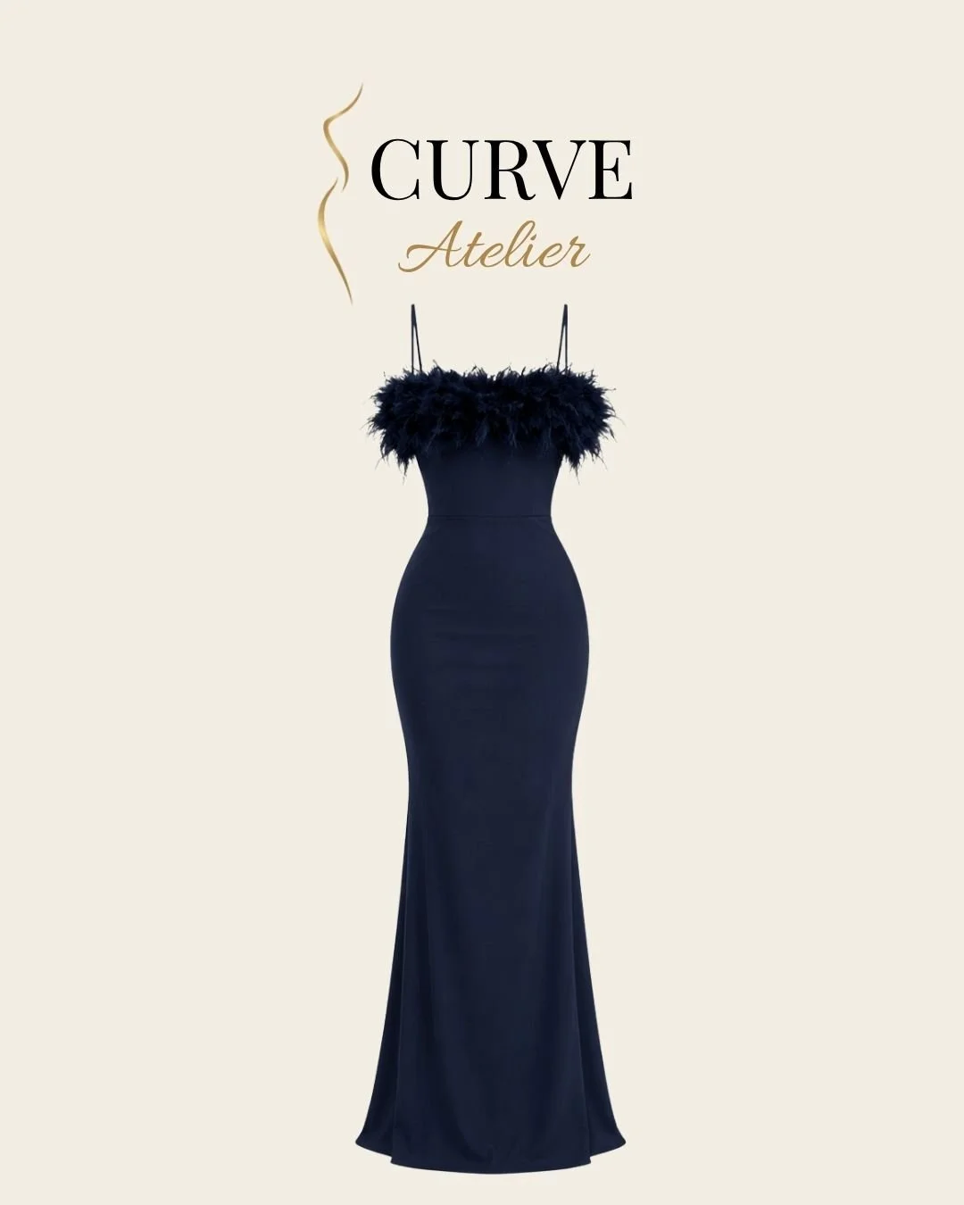 Navy Feathered Satin Dress