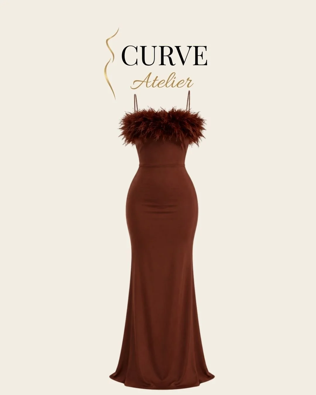Brown Satin Feathered Maxi
