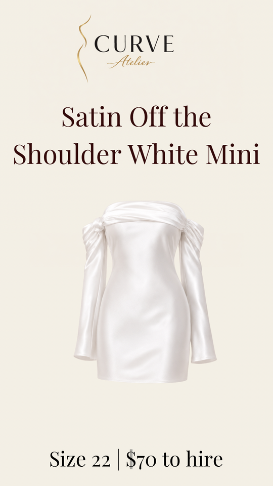 Advertisement for a satin off-the-shoulder white mini dress by Curve Atelier, size 22, available for rent at $70.