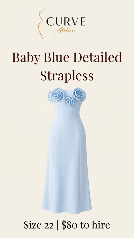 Advertisement for a baby blue detailed strapless dress from Curve Atelier, size 22, available for $80 to hire, featuring a long, elegant gown with floral embellishments around the bust.