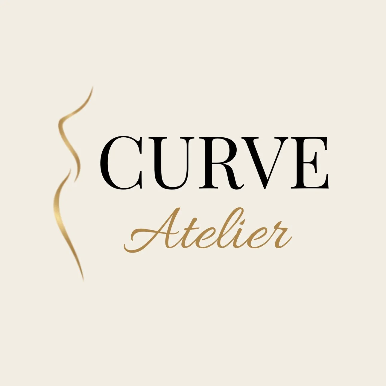 Logo for Curve Atelier featuring elegant black and gold text and a gold decorative line on a cream background.
