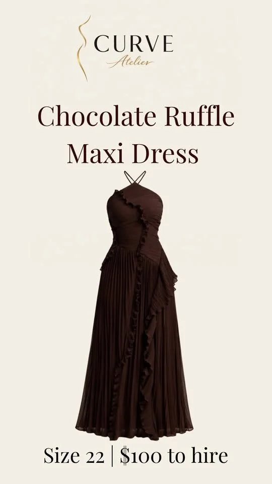 Advertisement for a chocolate ruffle maxi dress by Curve Atelier, size 22, for $100 to hire.