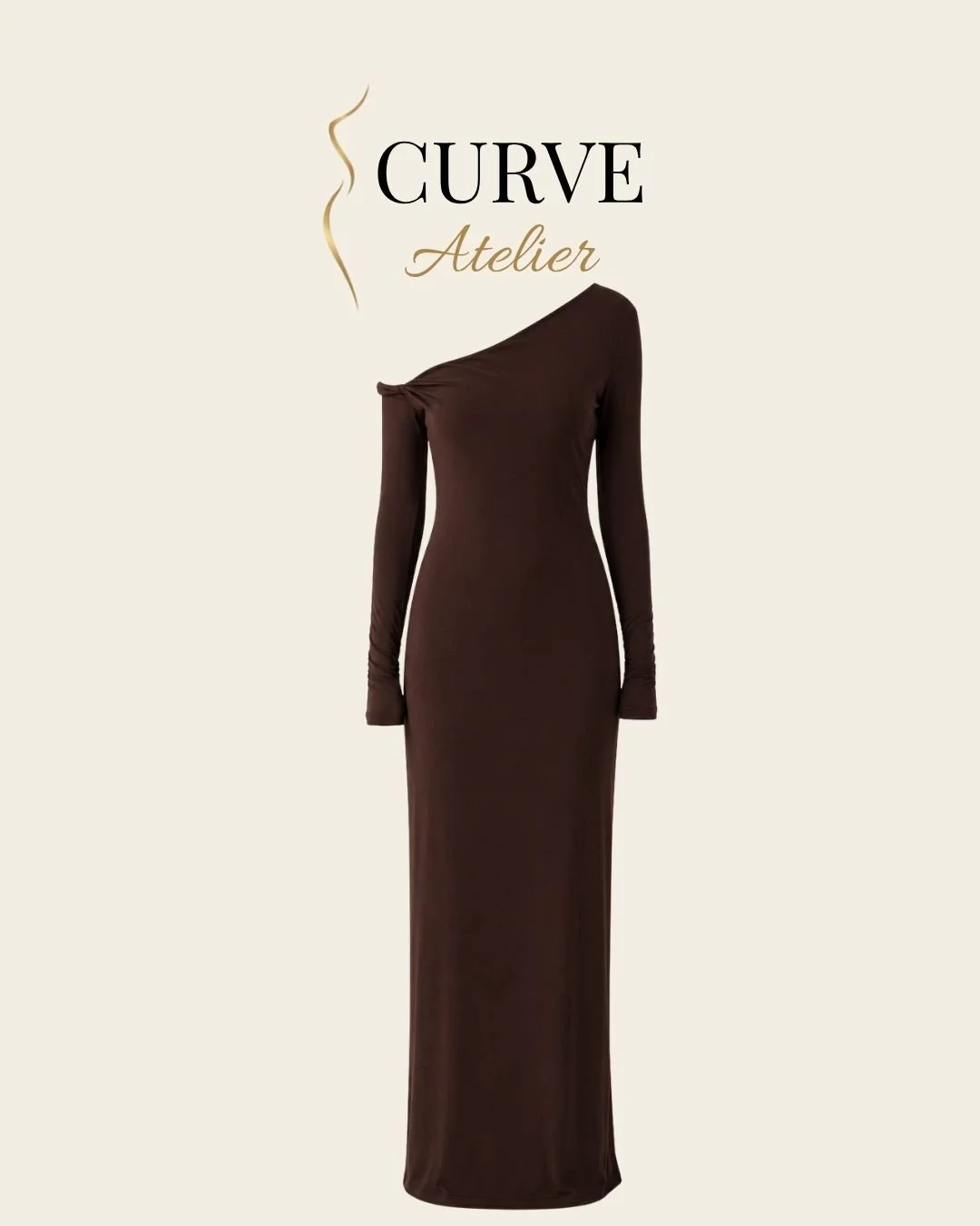 Brown Long Sleeve One Shoulder Maxi Dress