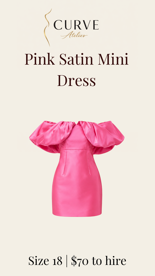 Advertisement for a pink satin mini dress by Curve Atelier, size 18, rent for $70.