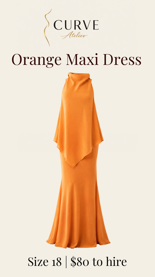 An orange maxi dress with a draped neckline displayed on a white background. The text on the image reads 'Curve Atelier Orange Maxi Dress, Size 18, $80 to hire'.