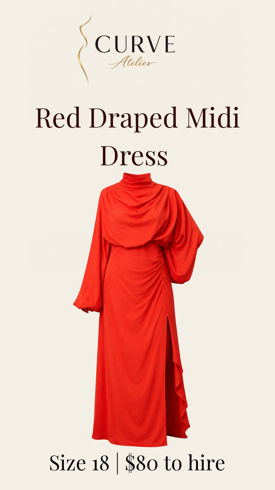 Advertisement for a red draped midi dress available for hire for $80, size 18, from Curve Atelier.