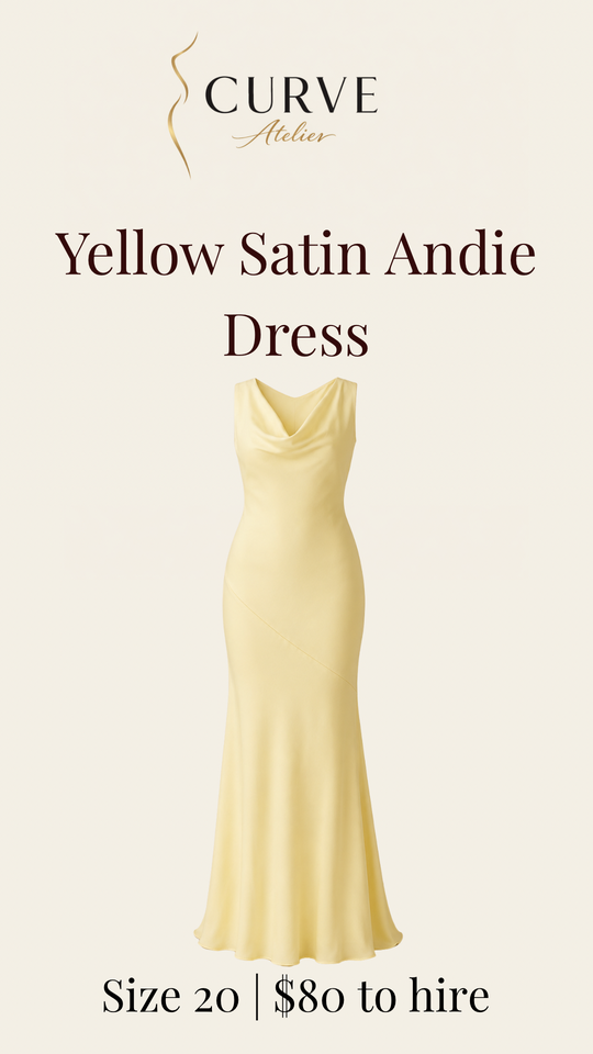 A promotional digital poster for the Curve Atelier yellow satin Andie dress, size 20, available for rent at $80.