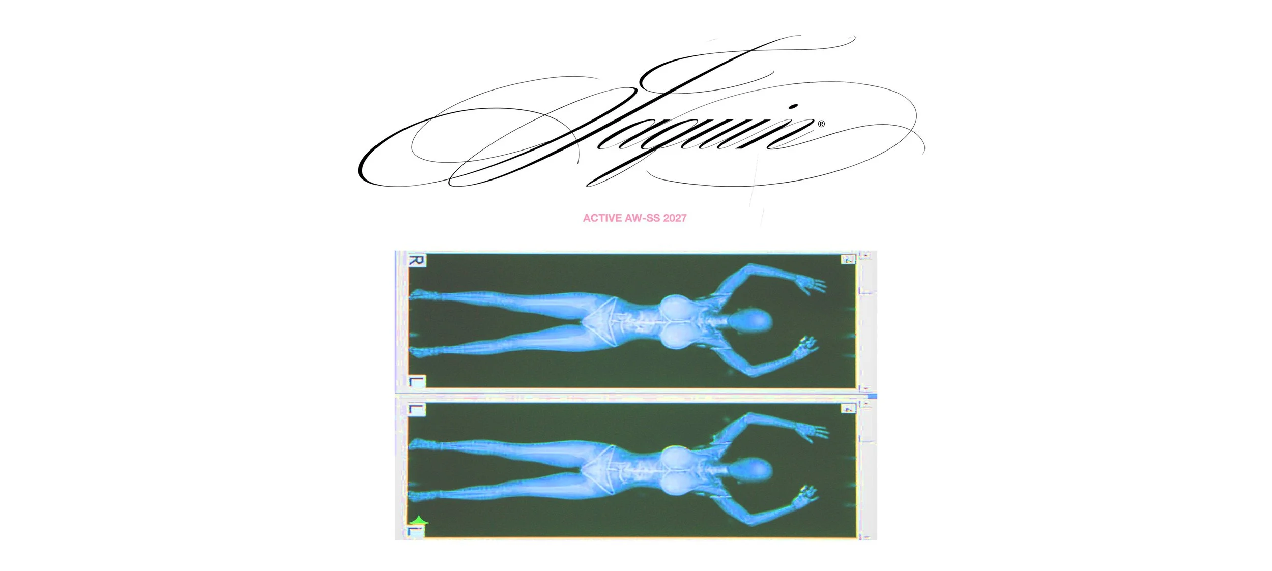 Two medical scans of a human body, side by side, showing a full-body X-ray or MRI image with arms raised above the head.