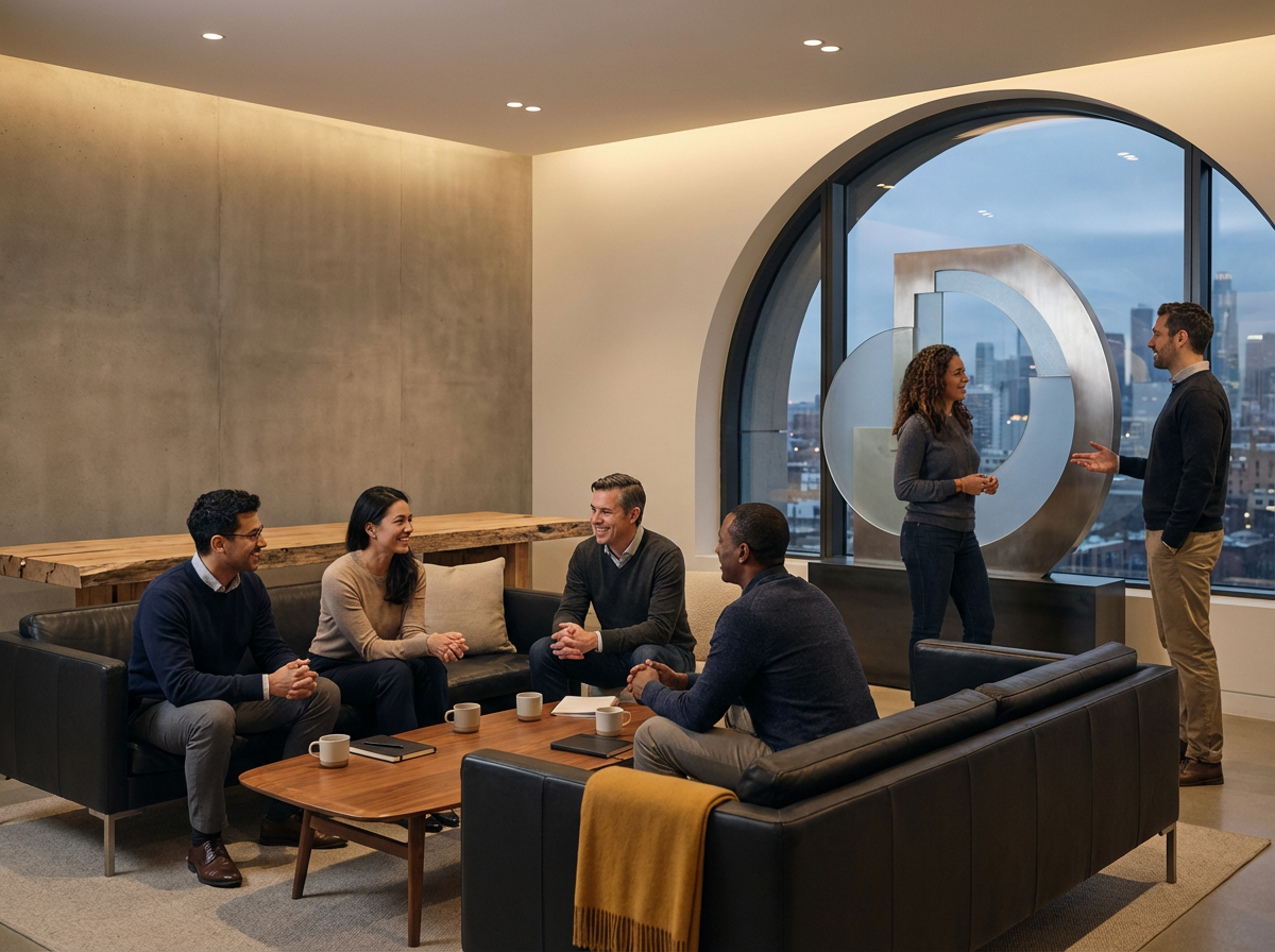 A group of five diverse professionals in a modern office lounge having a discussion, with two people standing near a large window and a metal sculpture in the background.