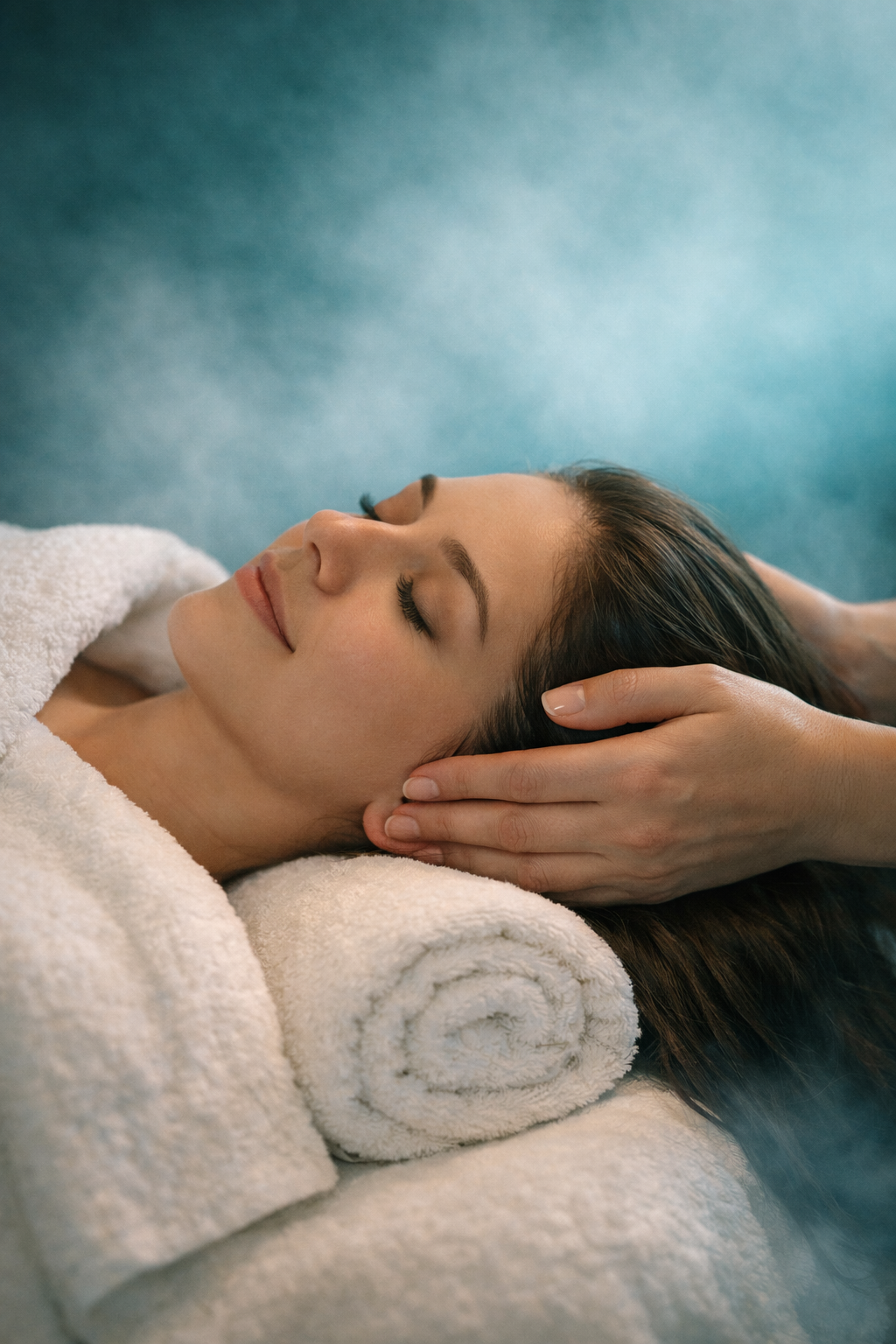 A woman is lying face up with her eyes closed, receiving a massage or facial treatment; head resting on a rolled white towel, with a serene expression, in a relaxed spa setting.