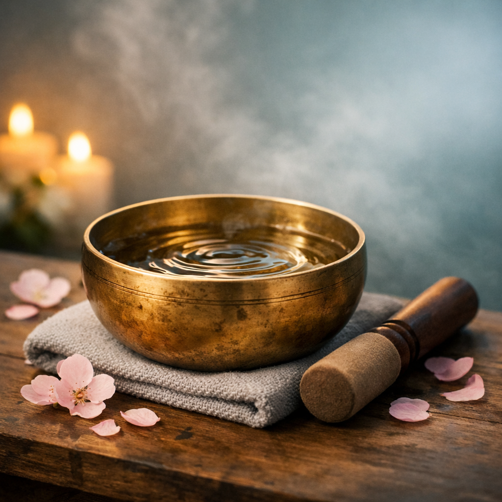 A brass singing bowl filled with water, resting on a folded gray towel on a wooden surface, surrounded by pink flower petals, with candles burning softly in the background.