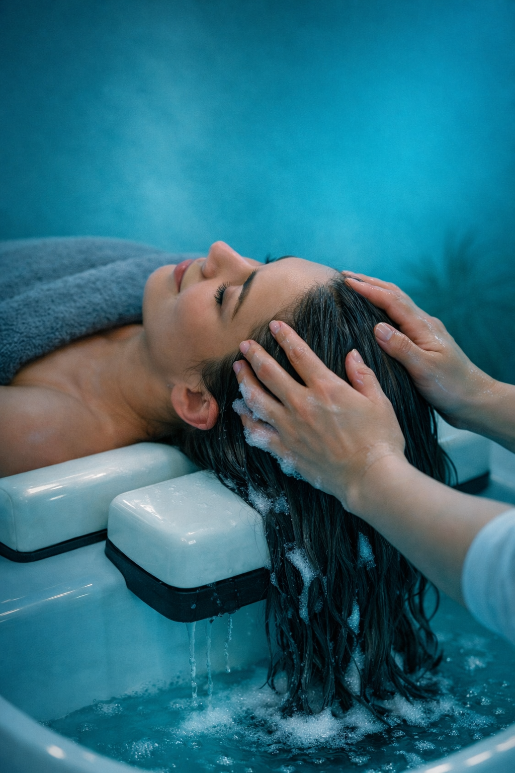Woman receiving head wash at a spa, lying with closed eyes, while a therapist massages her scalp with water and shampoo.