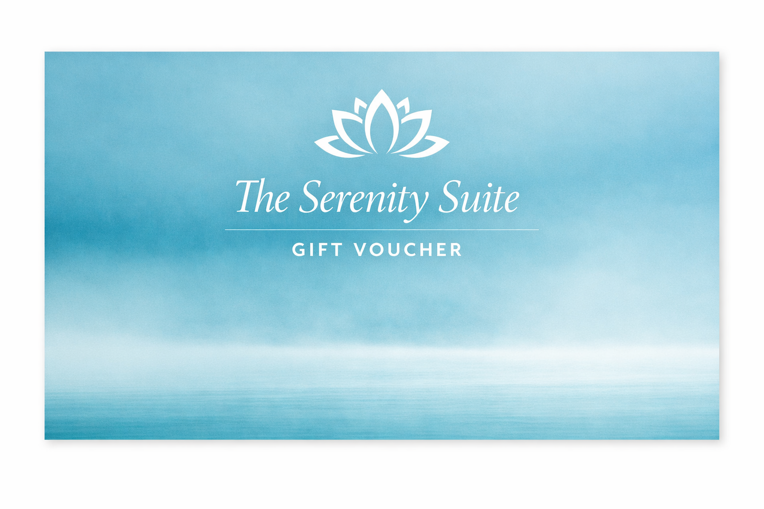 The Serenity Suite gift voucher with a blue gradient background, a white lotus flower logo at the top, and white text.