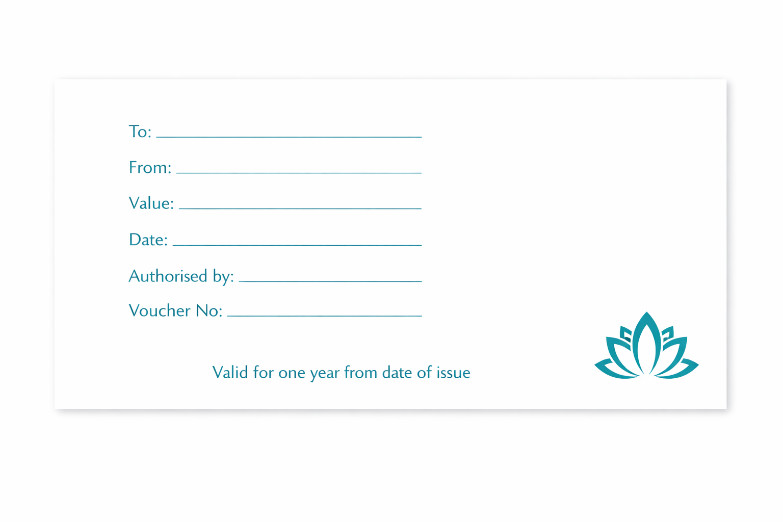 A blank gift voucher template with fields for recipient, sender, value, date, authorization, and voucher number, featuring a teal lotus flower logo in the lower right corner and the text 'Valid for one year from date of issue' at the bottom.