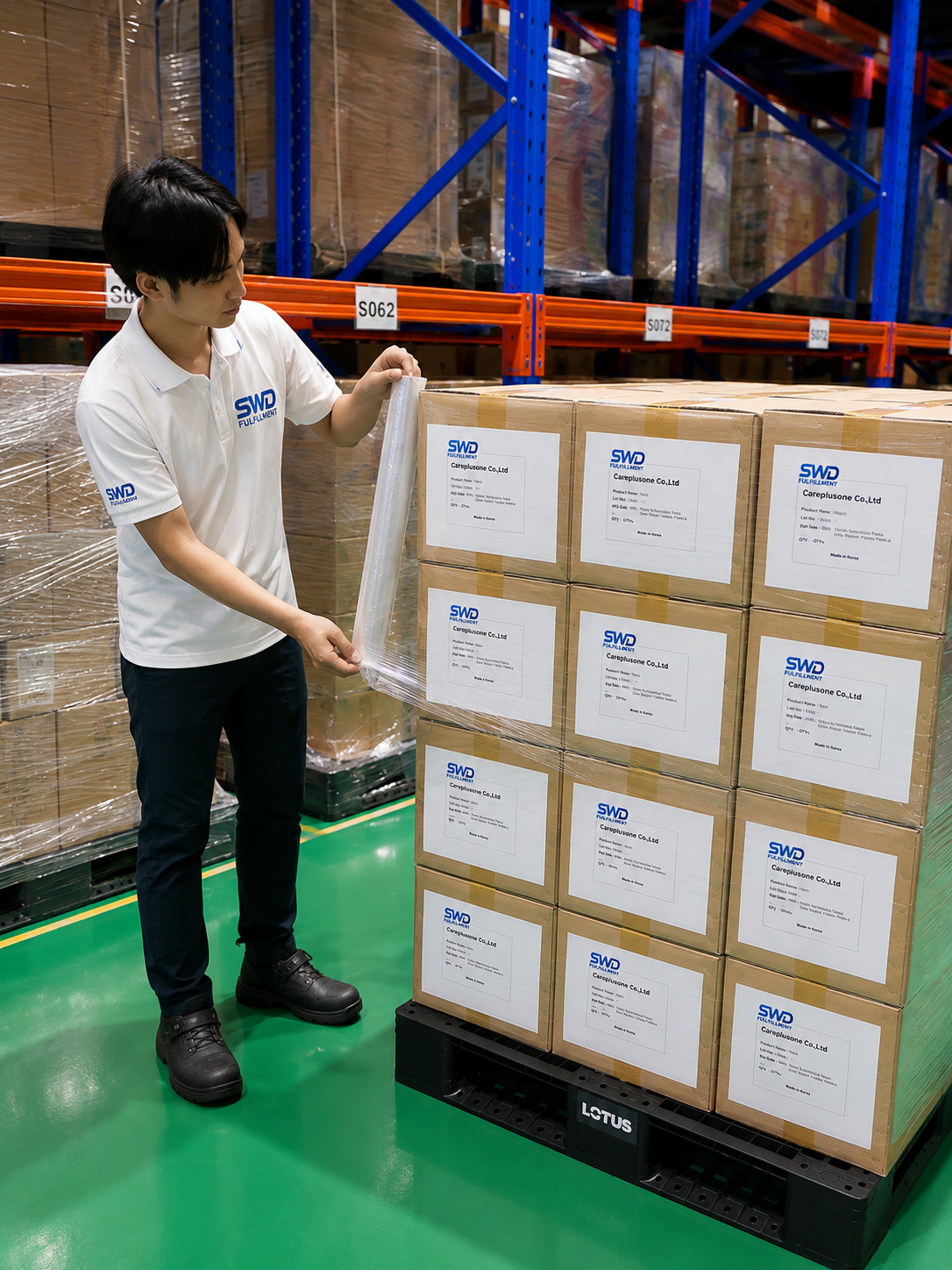 ขั้นตอนการแรปปกป้องสินค้า จากความเสียหายที่อาจเกิดขึ้นระหว่างการจัดเก็บ ตัก ยก นอกจากนี้ยังช่วยป้องกันฝุ่นระหว่างจัดเก็บสินค้า