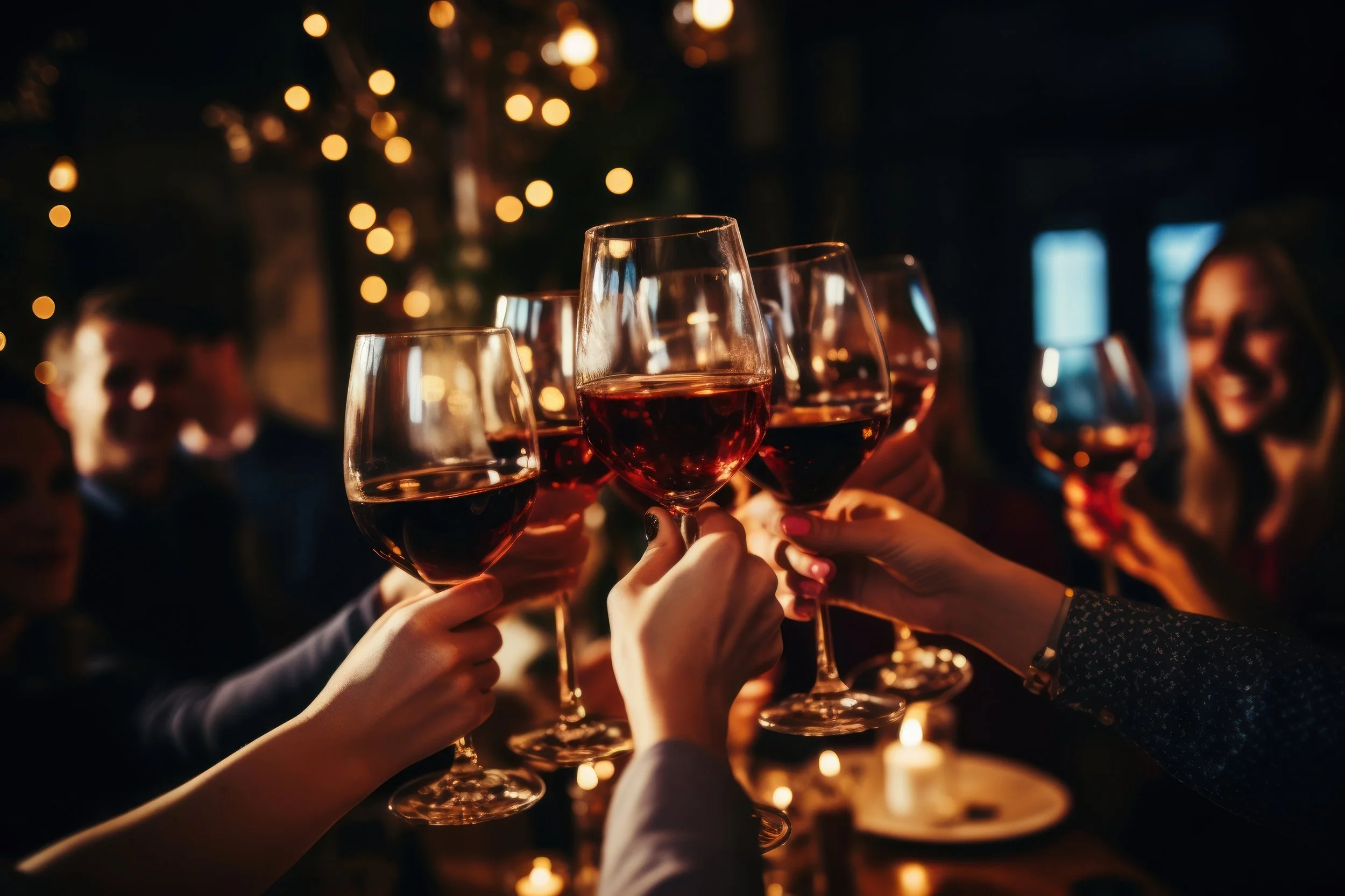Group of people raising glasses of red wine in a toast at a celebration or gathering, with warm bokeh lights in the background.