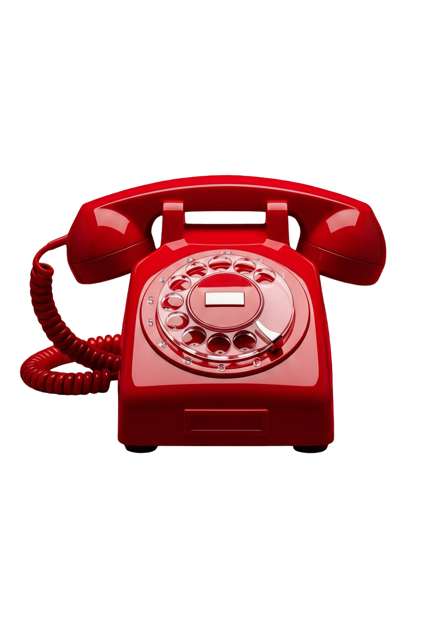 Red rotary dial landline telephone with a coiled cord and a handset resting on the base.