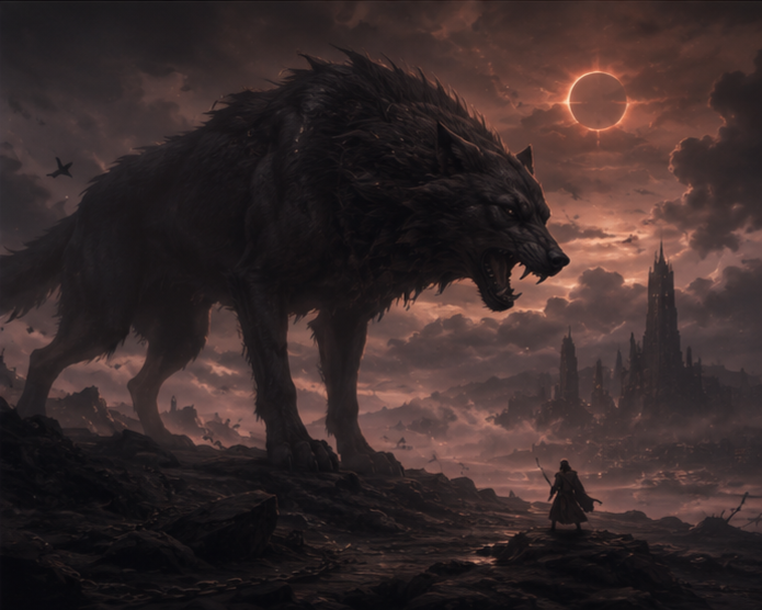 A massive, fierce wolf-like creature with dark fur and glowing eyes stands on rocky terrain under a blood-red eclipse in a dark, fantasy landscape with a lone warrior facing it, and a castle in the distance.
