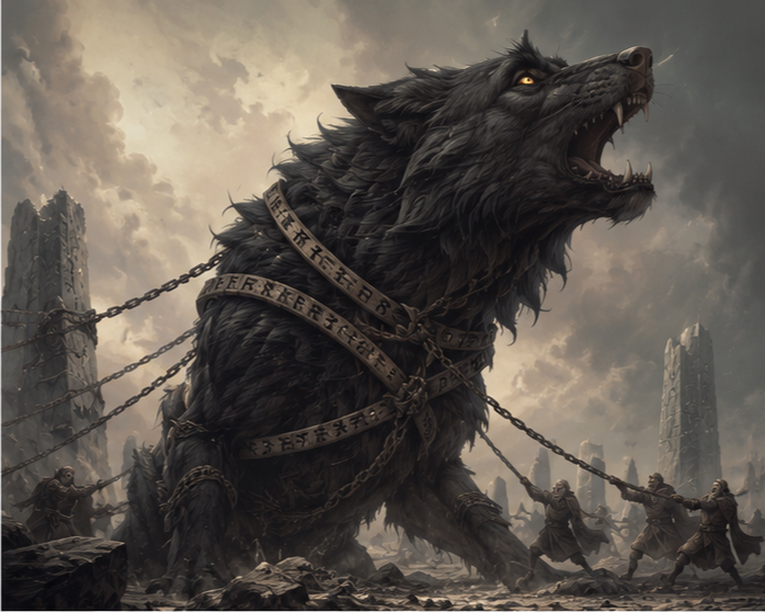 A giant, fierce black wolf with glowing eyes, chained and pulling against multiple soldiers in a stormy landscape with ruined structures.