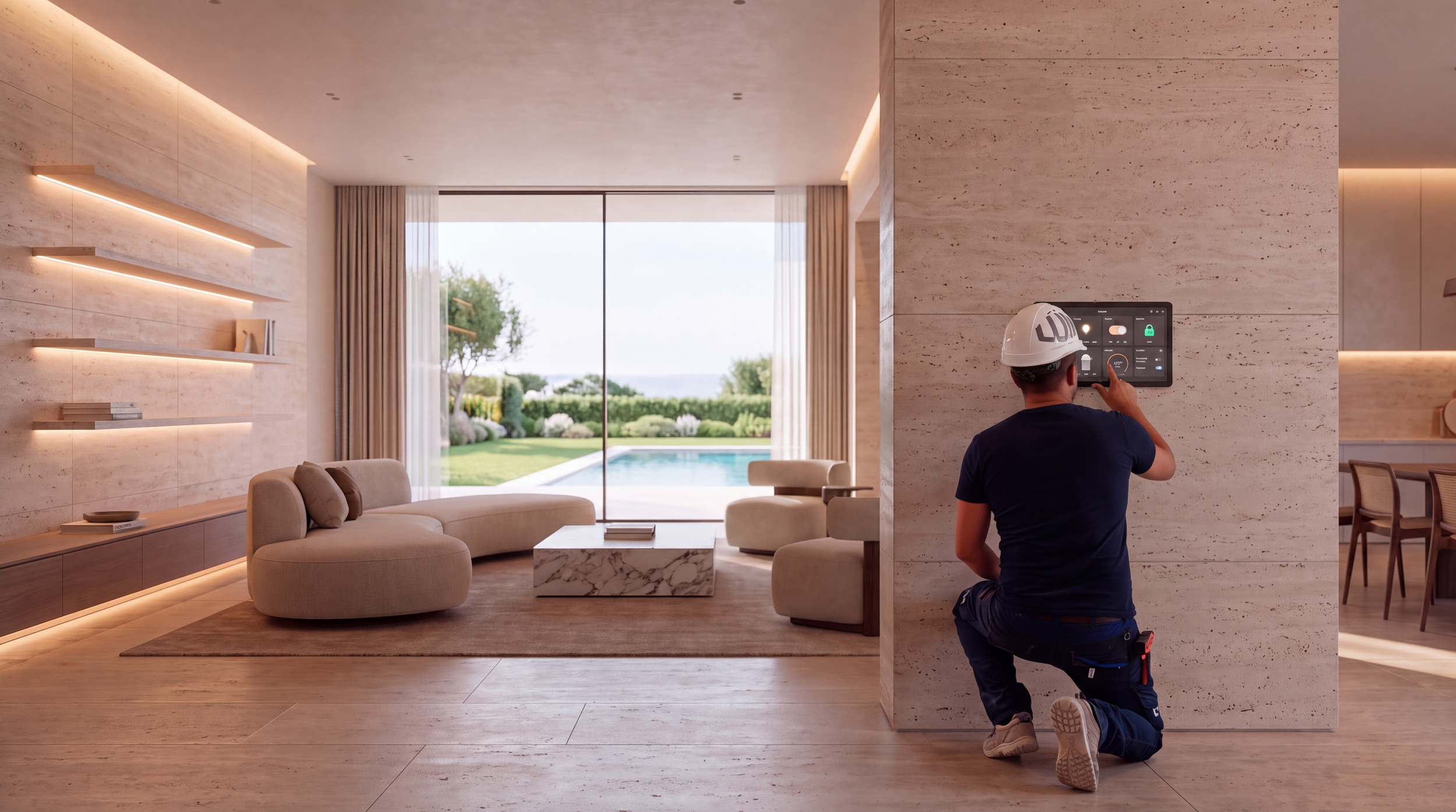 Un trabajador con casco de seguridad ajustando un panel de control en la pared interior de una casa moderna, con vistas al jardín y la piscina exterior.