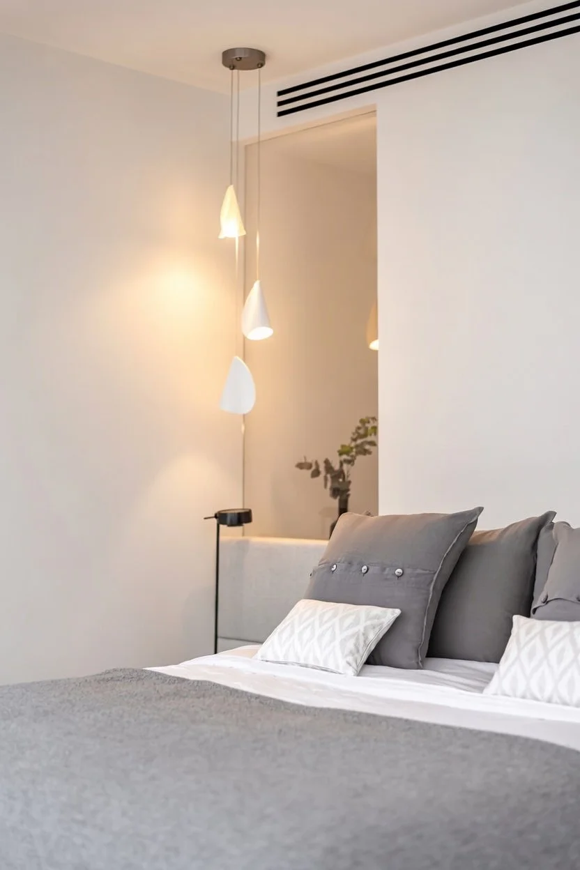 Cama arreglada con almohadas grises y blancas, lámpara moderna colgante y lámpara de pie negra en habitación con paredes blancas y decoración minimalista.
