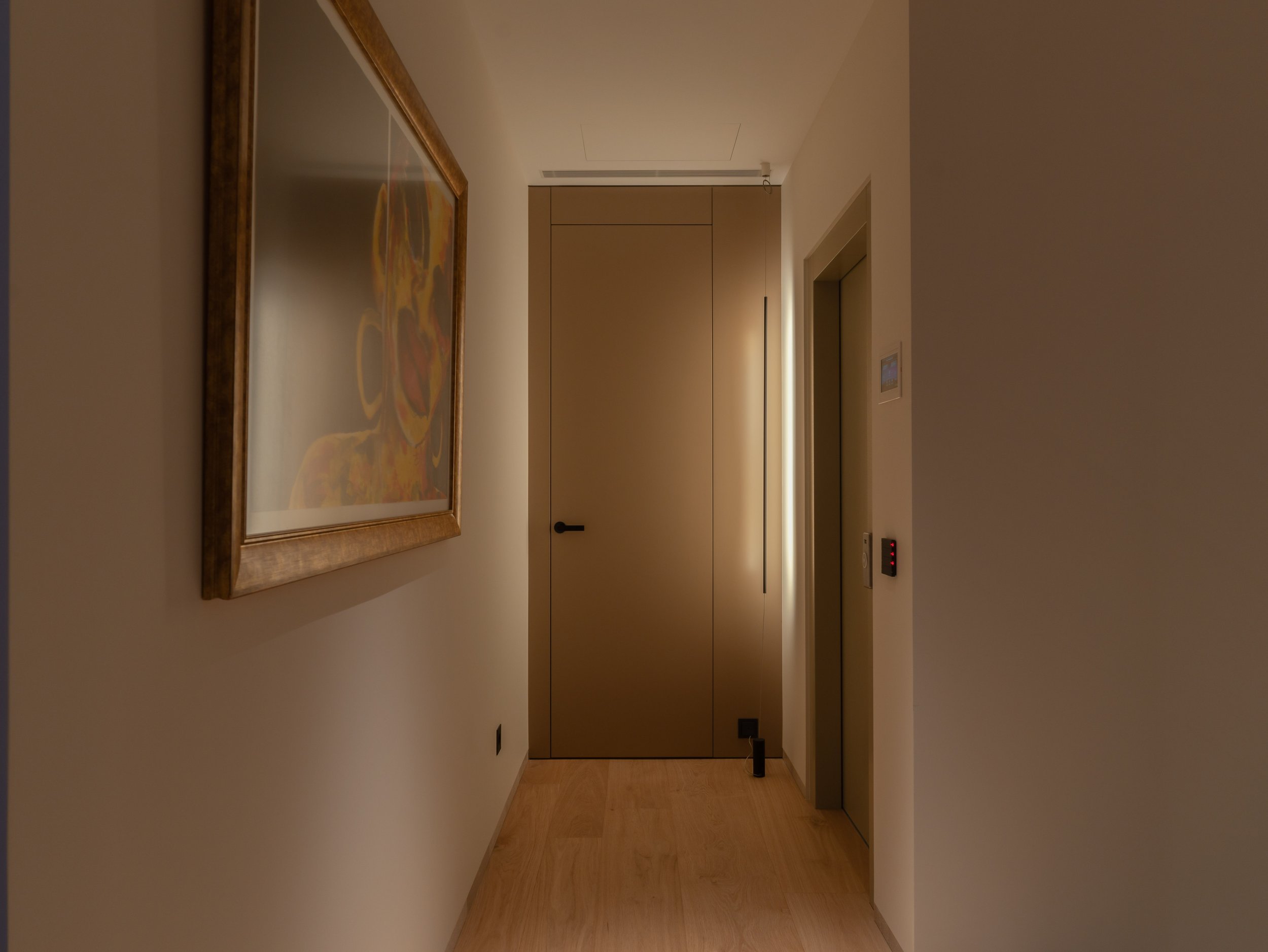 Corredor interior de un edificio con paredes blancas, un cuadro enmarcado a la izquierda, un ascensor con puertas de color beige y panel de control en la pared a la derecha, piso de madera clara y iluminación suave.