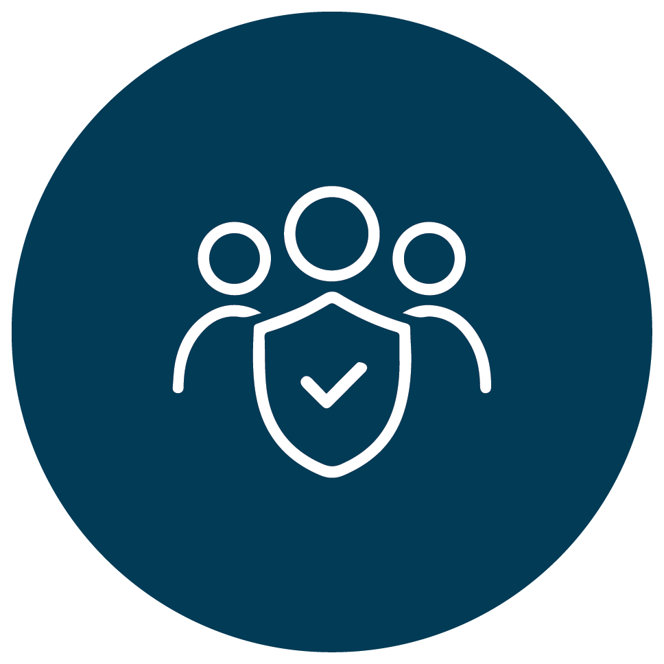 Icon of three people with a shield and checkmark, representing security, protection, or trust