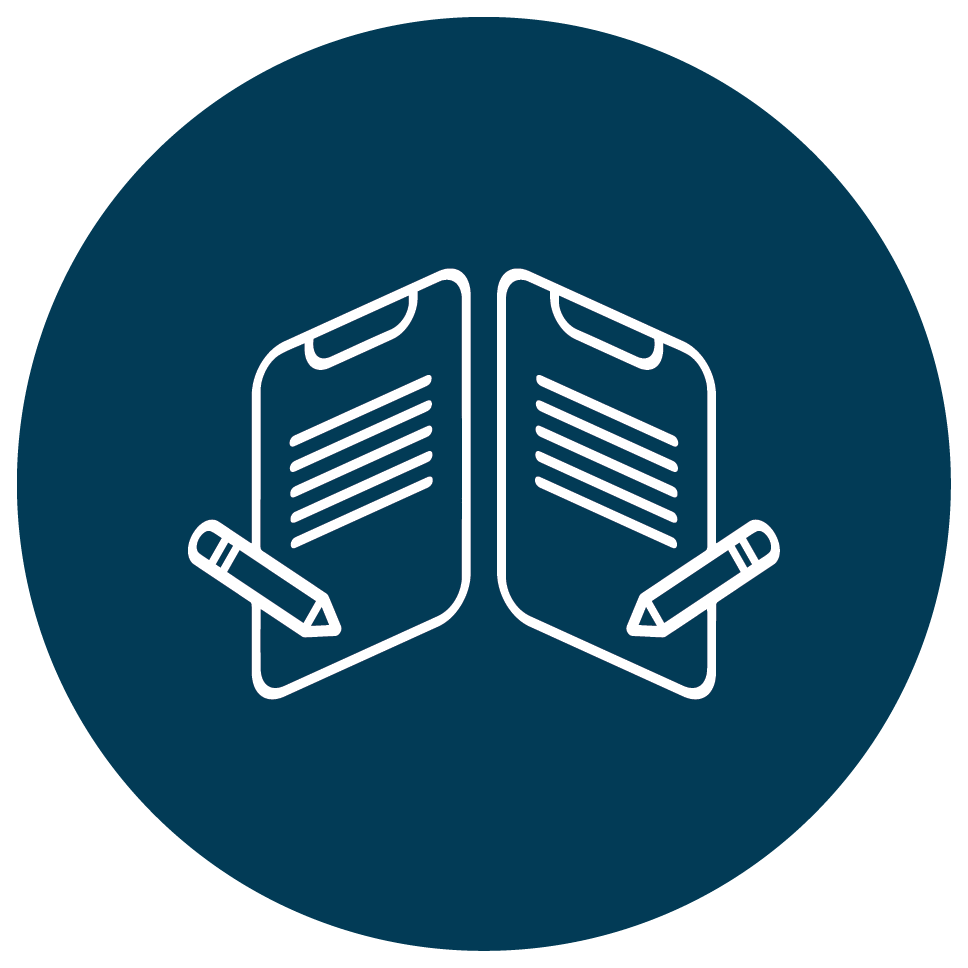 Icon of two open books with a pencil beside each, on a dark blue circular background.