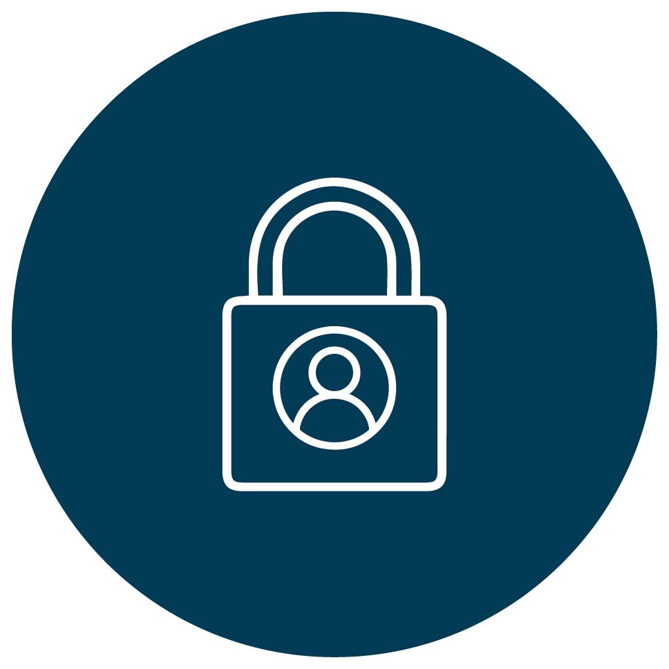 Lock icon with user symbol inside on a dark blue circular background.