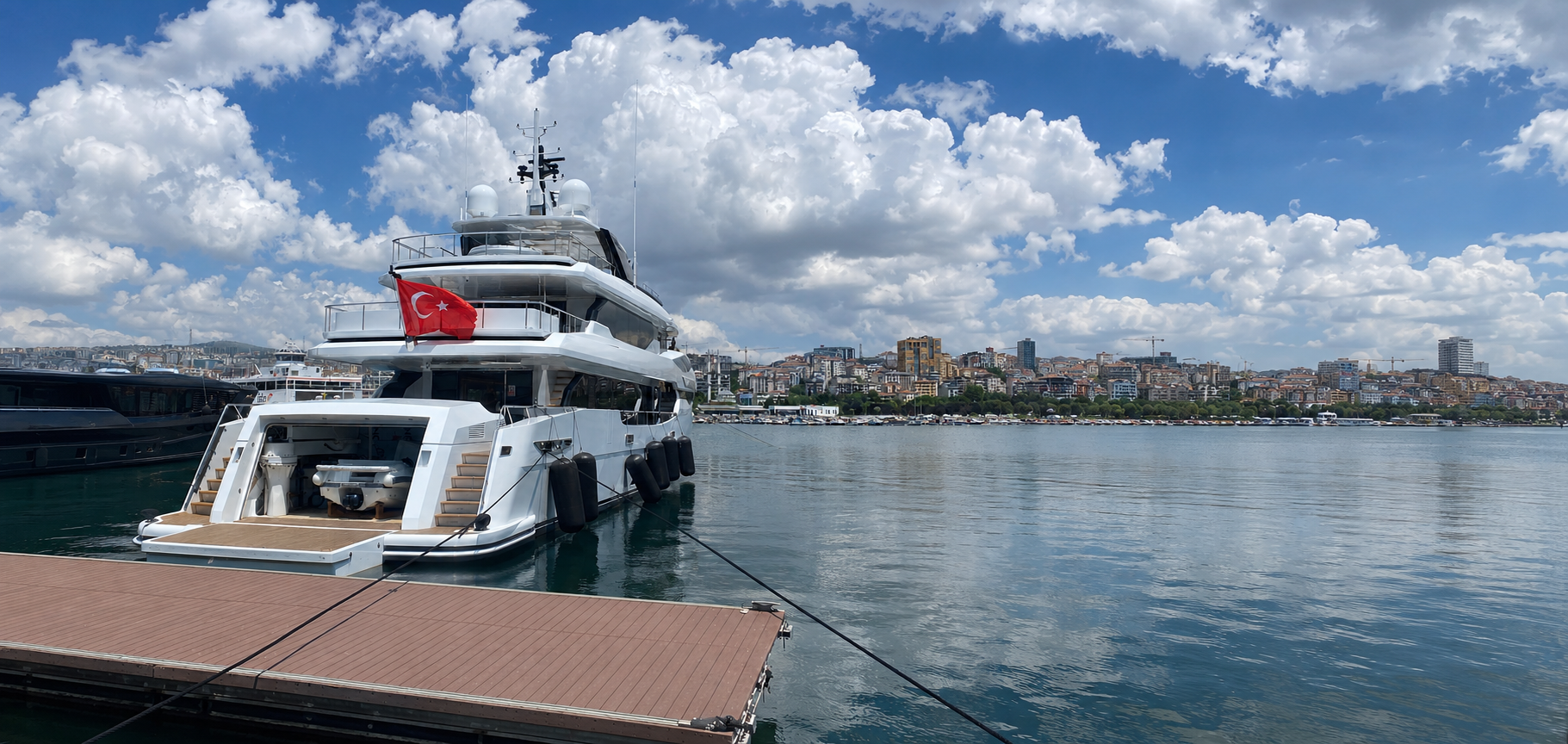İstanbul Boğazı'nda demirlemiş büyük lüks yat, Arka planda şehir ve bulutlu gökyüzü.