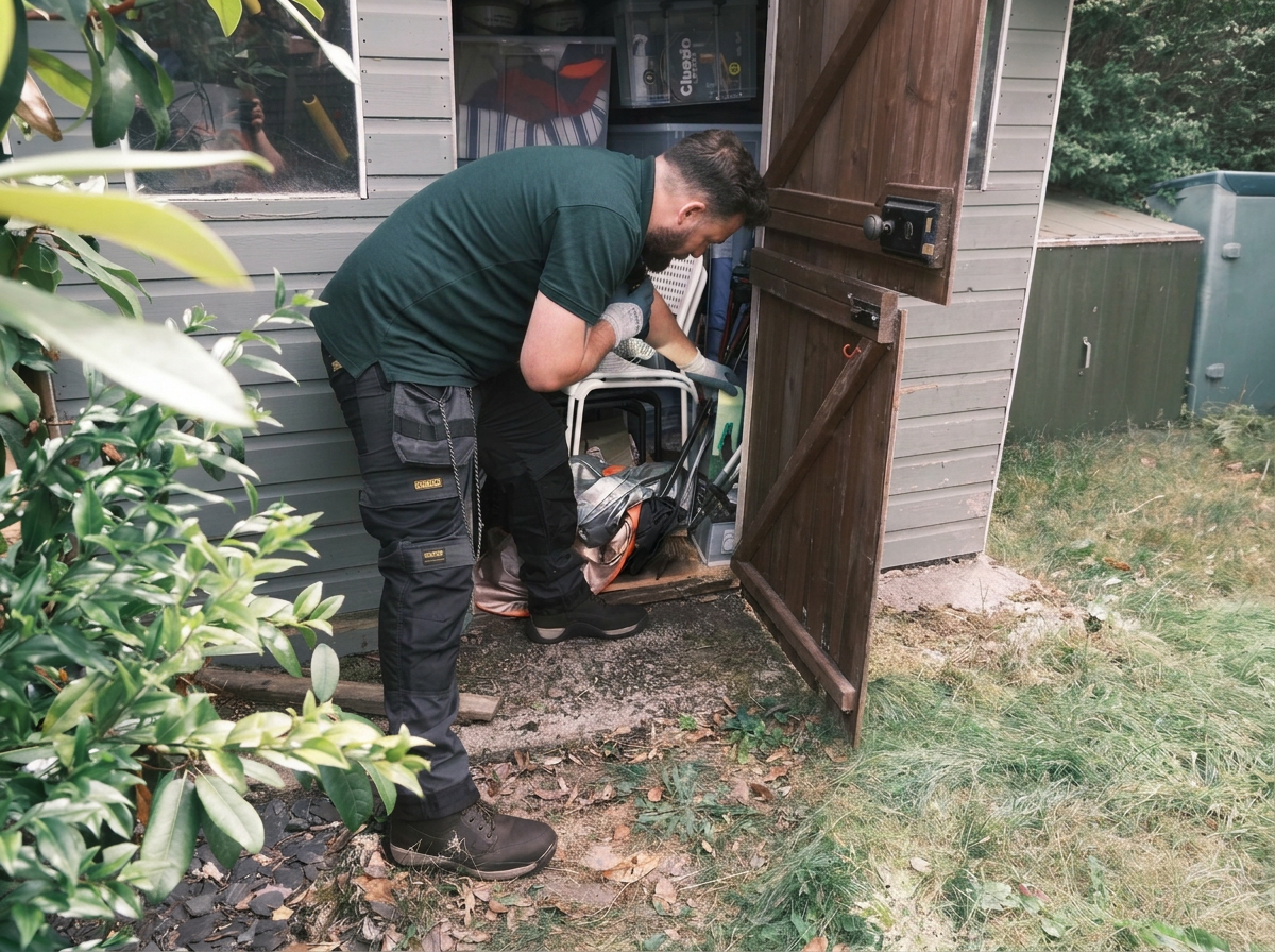 A man lifting a toolbox inside a shed with an open wooden door, surrounded by gardening tools and outdoor equipment.