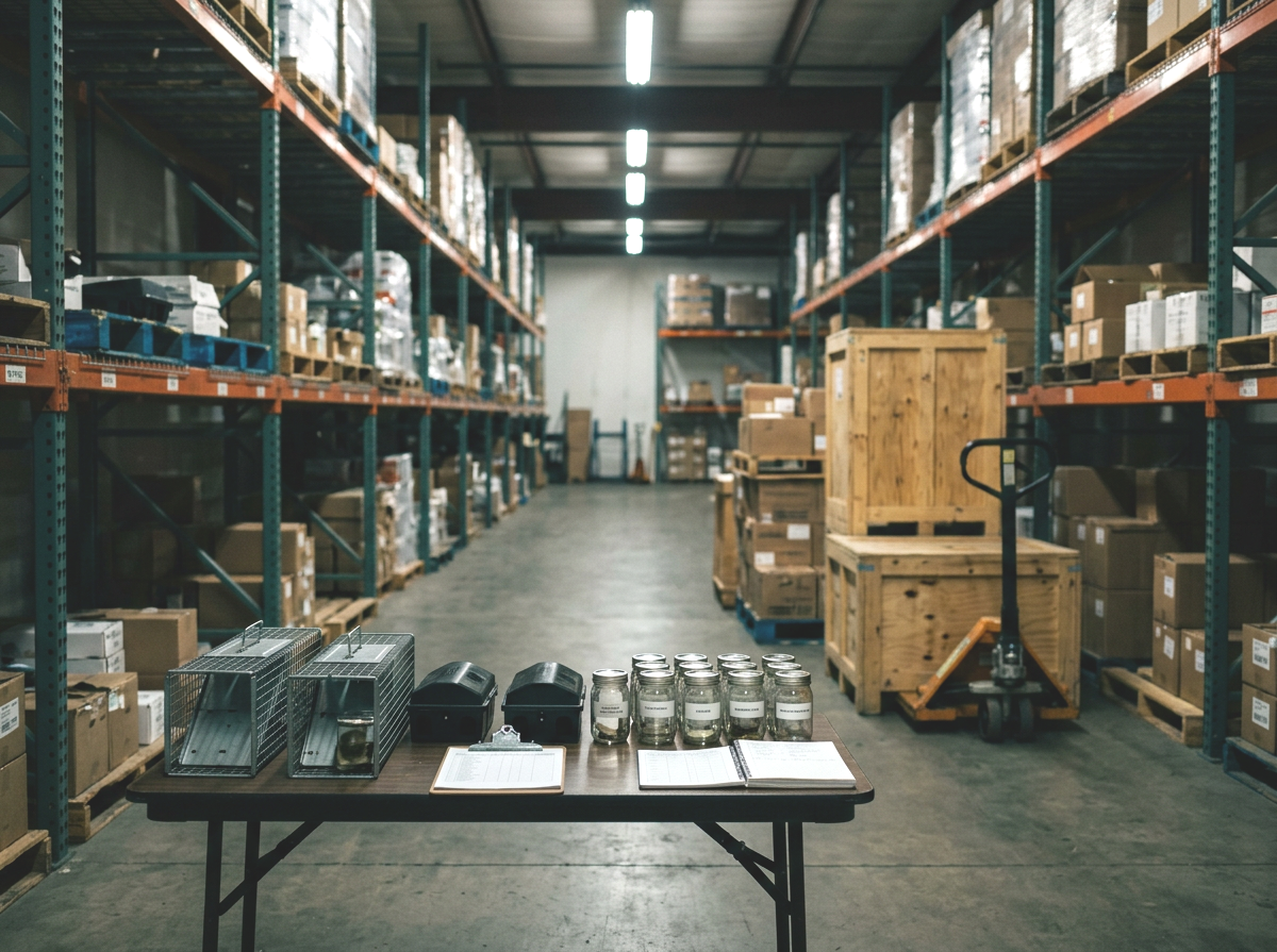 Warehouse aisle with shelves filled with boxes and crates, a table with jars, clipboards, and labels, and a pallet jack in the background.
