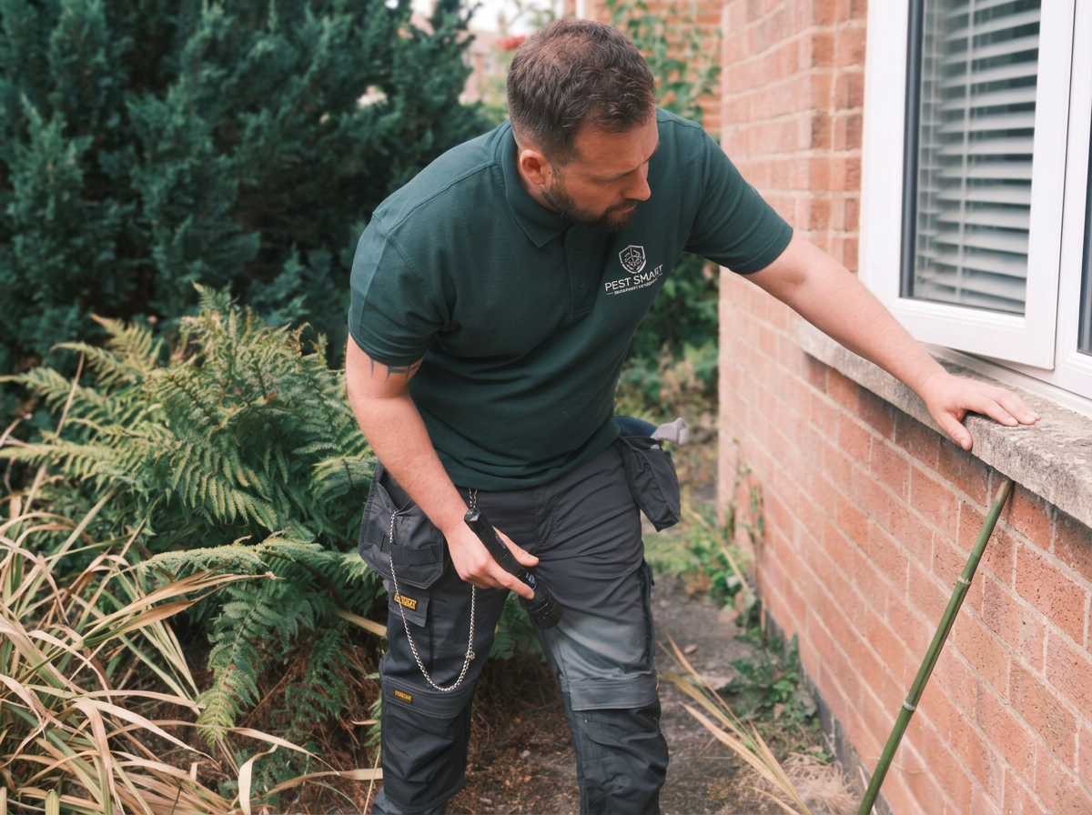 A pest control technician inspecting the exterior of a brick house while holding a flashlight and wearing a green polo shirt with a company logo.