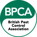 Logo of the British Pest Control Association with green background and white text