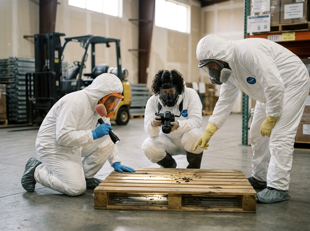 Three people in hazmat suits examining debris on a wooden pallet inside a warehouse. One person is taking photos, another is pointing, and the third is holding a flashlight.