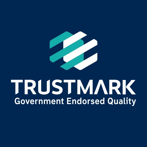 TrustMark logo with a geometric emblem and text stating TrustMark Government Endorsed Quality on a dark blue background.