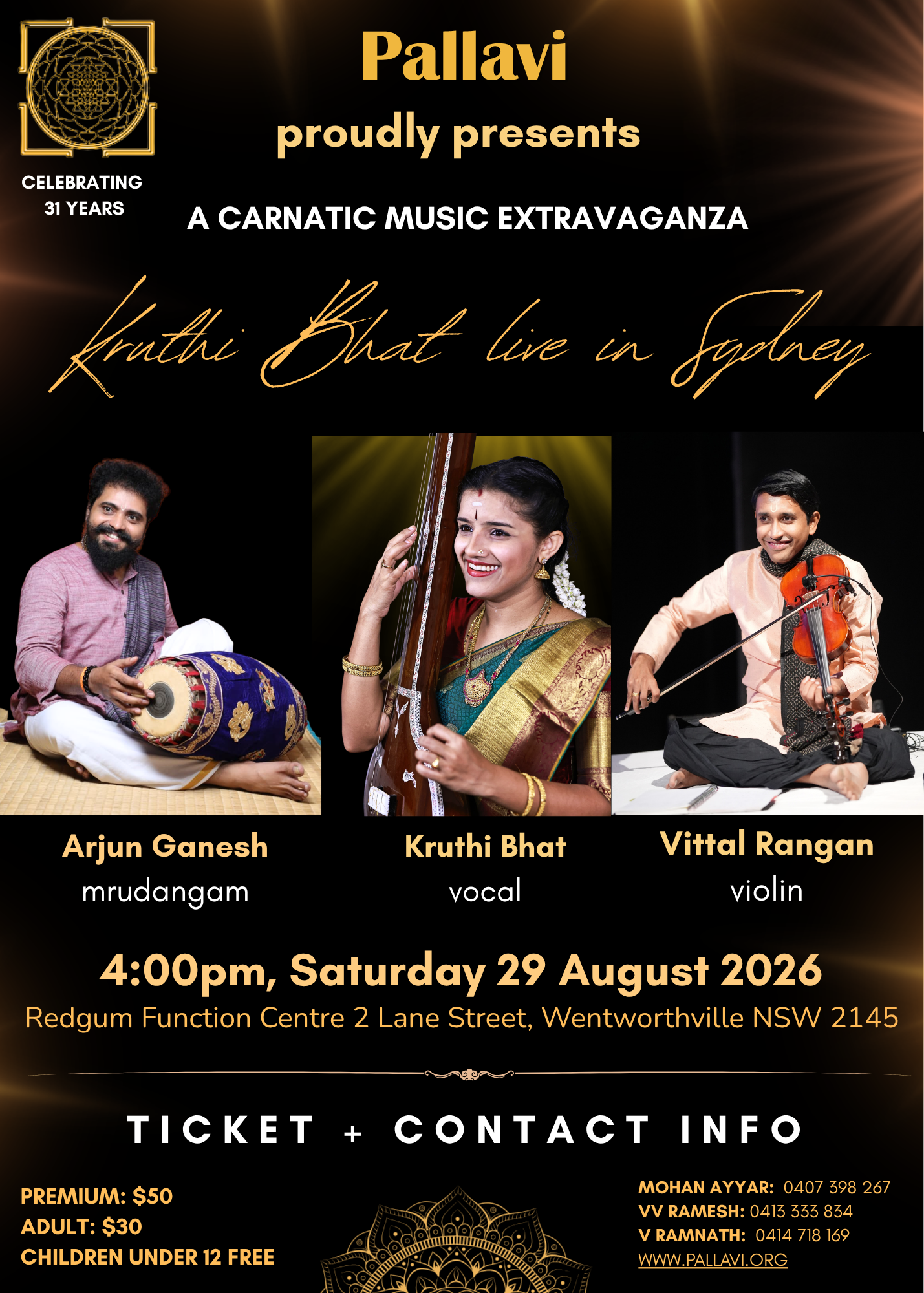 Event poster for Pallavi's 31st anniversary celebration featuring Kruthi Bhat singing vocal, Arjun Ganesh playing mrudangam, and Vittal Rangan on violin. The event is titled 'A Carnatic Music Extravaganza' and includes details of the date, time, and location at Redgum Function Centre in Wentworthville, NSW.