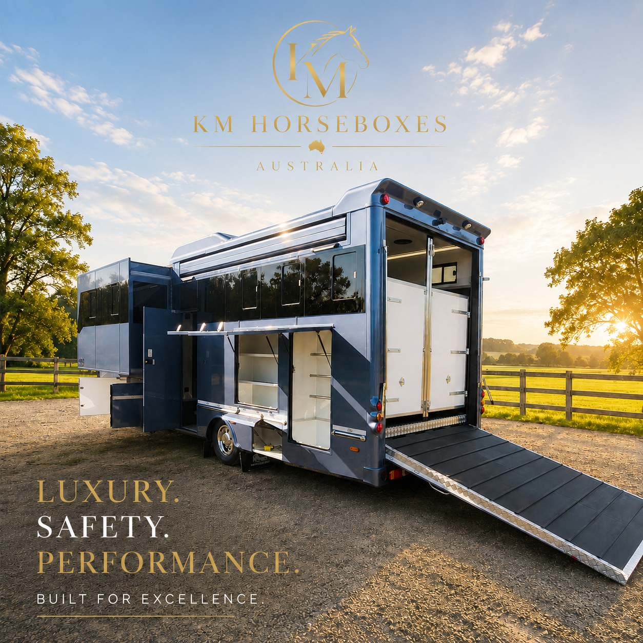 A blue luxury horse trailer with an extended ramp, parked on a gravel path in a countryside setting during sunset, with trees and a wooden fence in the background, and advertising text overlay for KM Horseboxes Australia emphasizing luxury, safety, and performance.