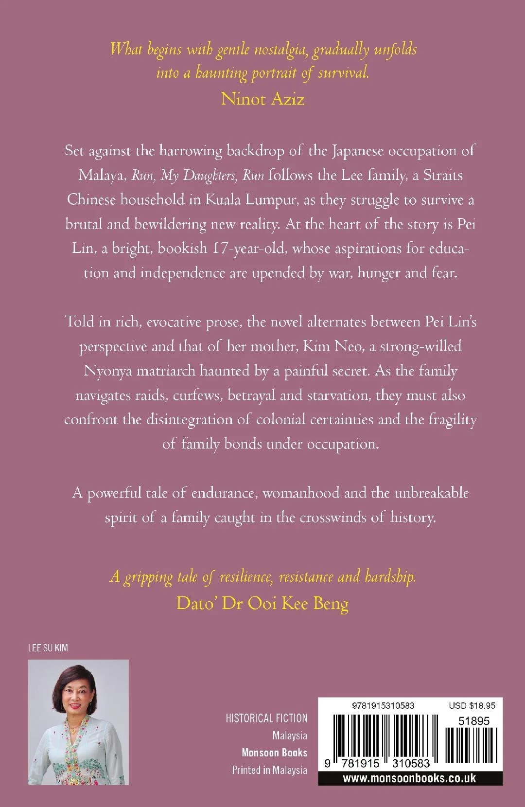 Back cover of a book featuring a quote, a summary, a small photograph of the author Lee Su Kim, and barcode details. The background is mauve with white and yellow text.