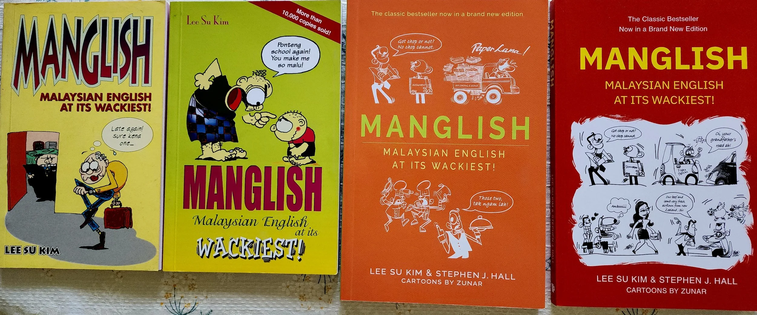 Three books titled 'Manglish Malaysian English at its Wackiest!' by Lee Su Kim, with colorful and cartoon-style covers.