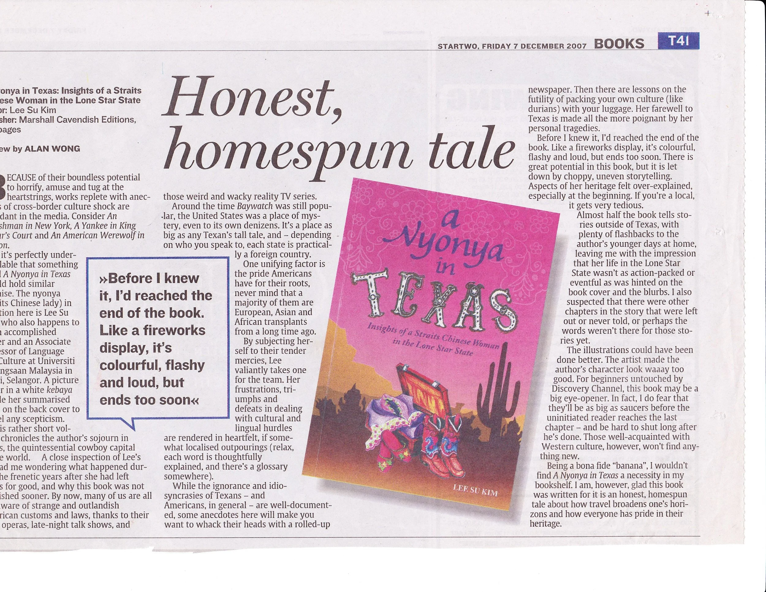 A newspaper article about Nyonya, a Chinese woman in Texas, including a colorful book cover illustration for 'A Nyonya in Texas'.