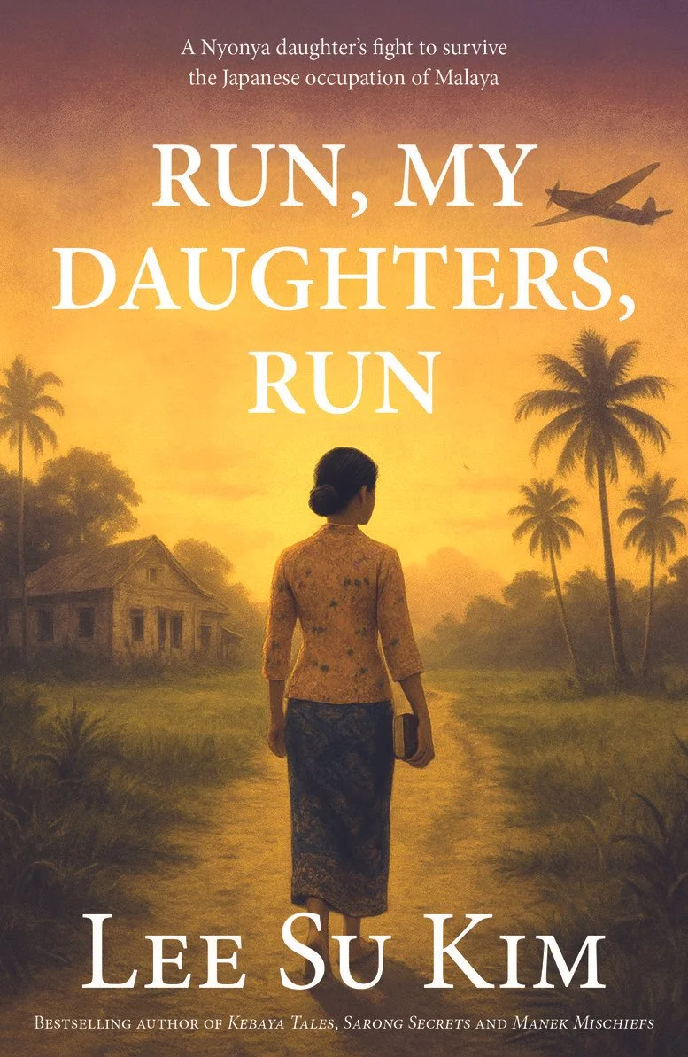 Book cover for "Run, My Daughters, Run" by Lee Su Kim, featuring a woman walking down a path towards a sunset with an airplane flying in the sky and trees around.
