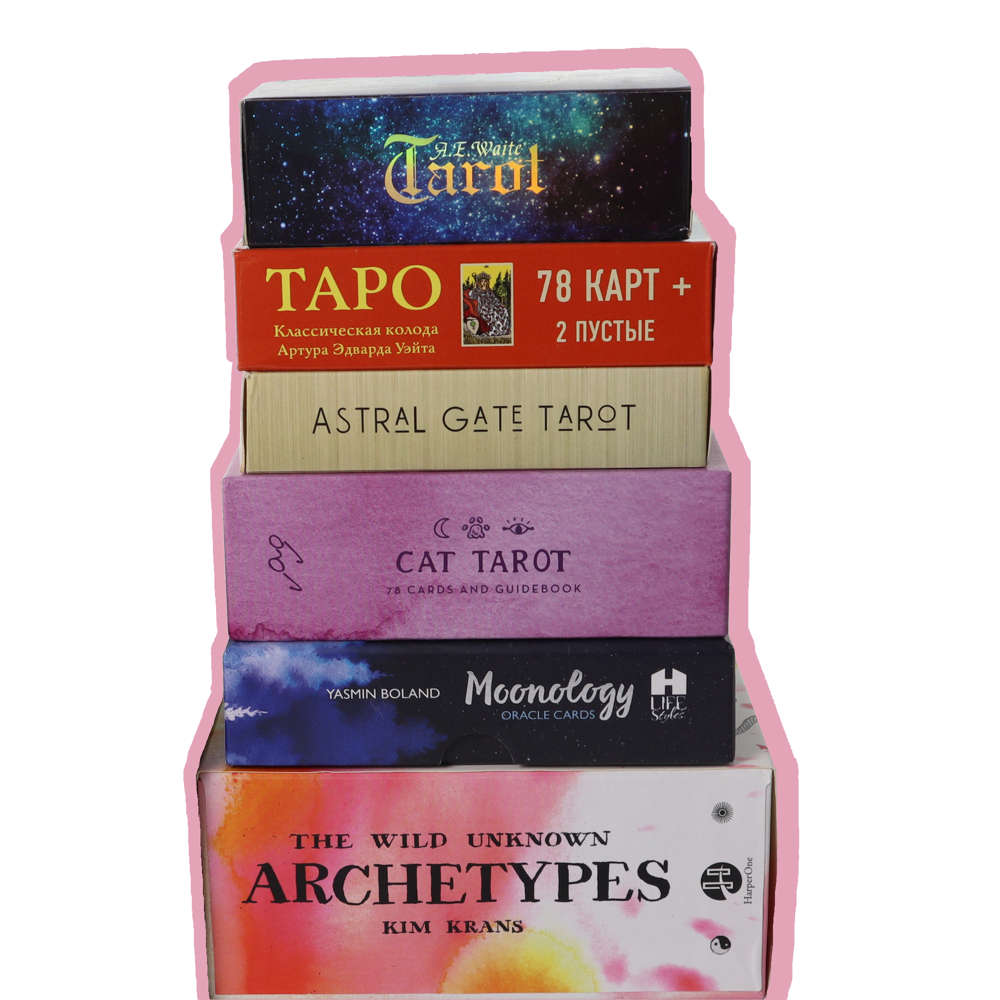 Stack of Tarot Decks with a pink boarder. Decks include. Ryder-Waite Tarot (Holographic & Tapo - Russian Version), Astral Gate Tarot, Cat Tarot, Moonology and The Wild Unknown Archetypes