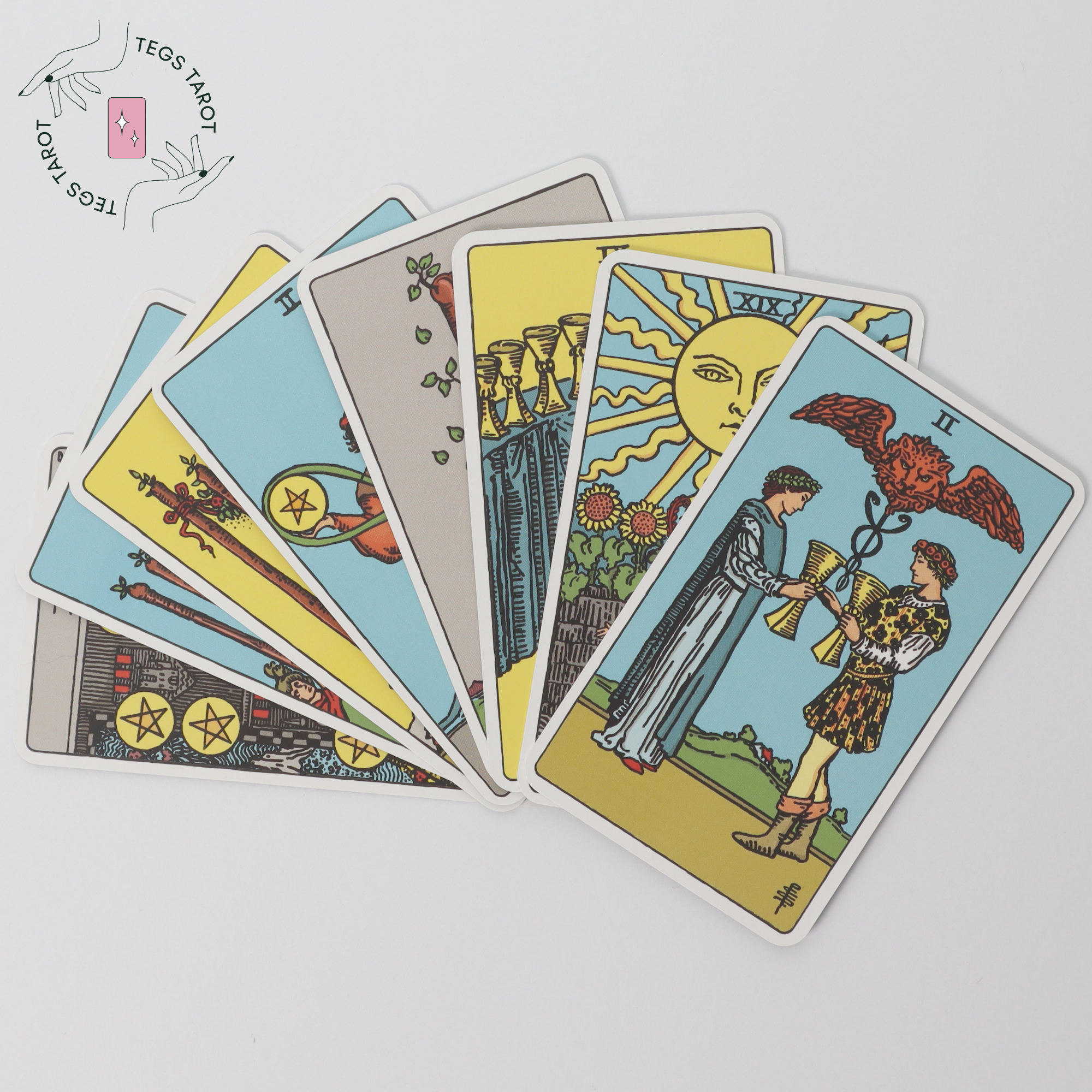 fanned out tarot cards showing the two of cups card on top of the pile