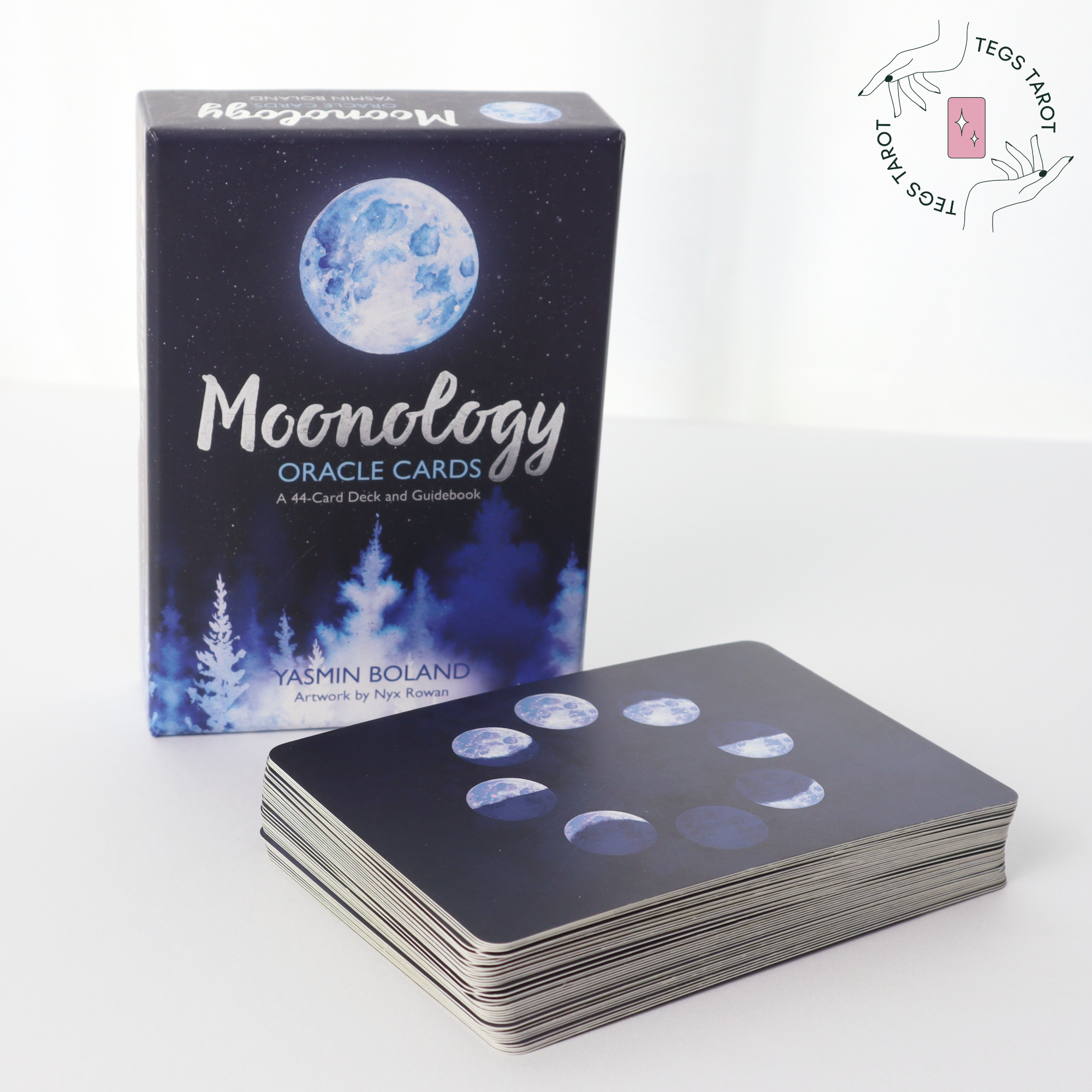 Moonology Oracle Deck by Yasmin Boland, cover standing upright with a stack of cards face down to the side.