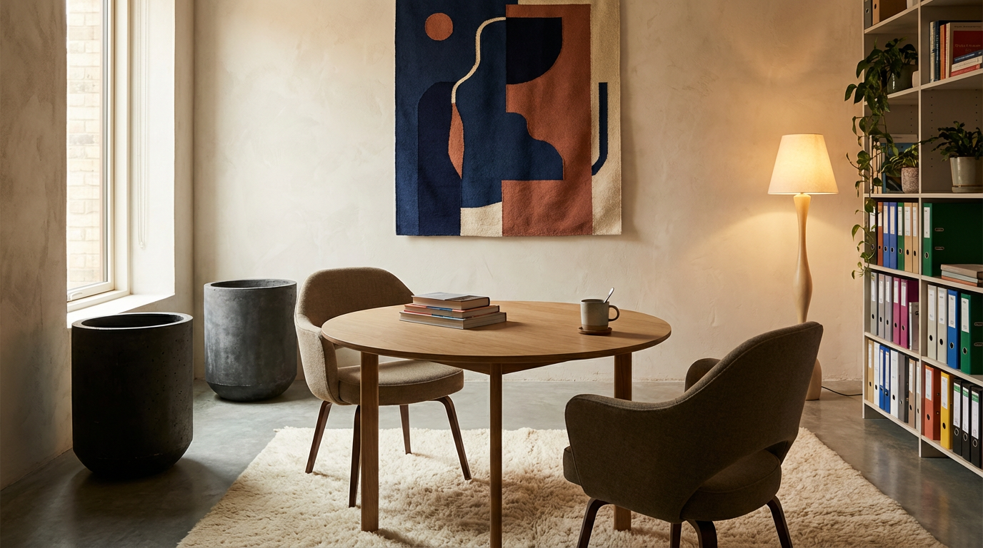 Une pièce lumineuse avec une table en bois, deux chaises, un tapis beige, une étagère en arrière-plan avec des livres, un lampadaire, une peinture abstraite sur le mur, et trois grands pots en béton près de la fenêtre.